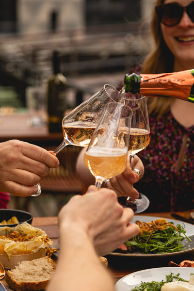 Friends cheering and having wine together in Humble Grape