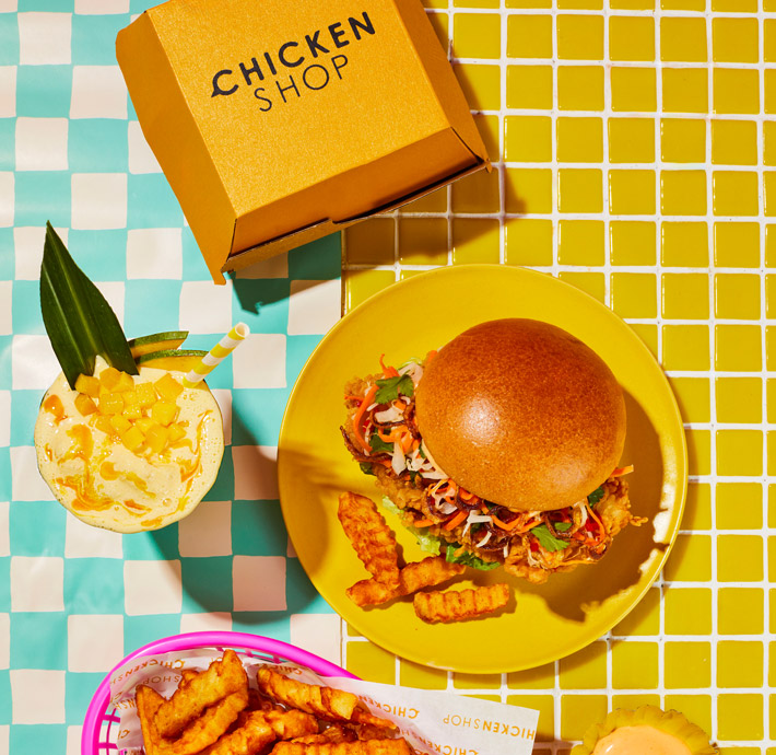 chicken shop burger and fries