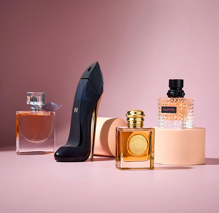 Womens Fragrances on a Pink Backdrop