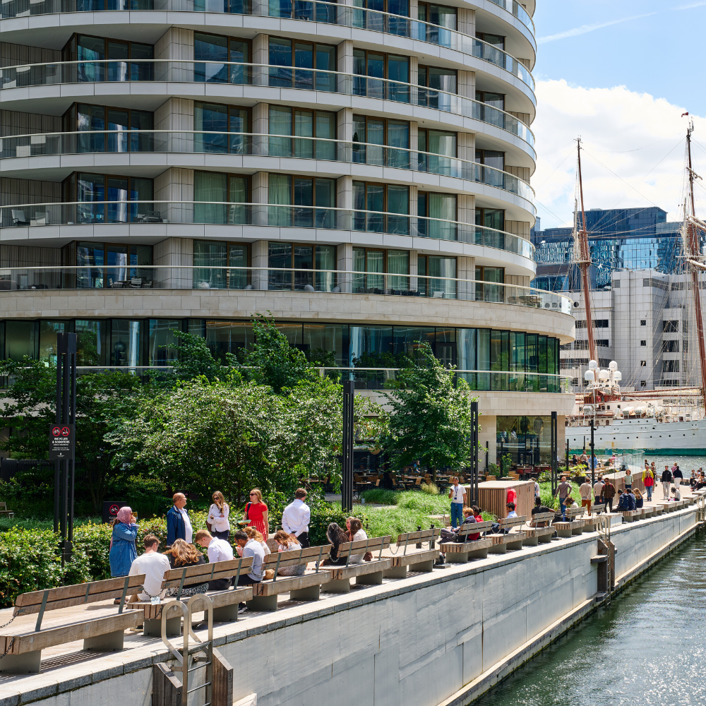 People sitting in the sun on benches with buildings behind